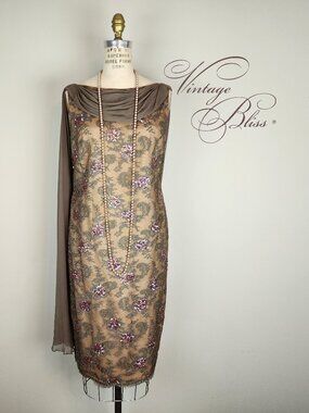 Vintage Late 1940's Coco Lace Wiggle Dress with Mauve Sequins & Dramatic Drape